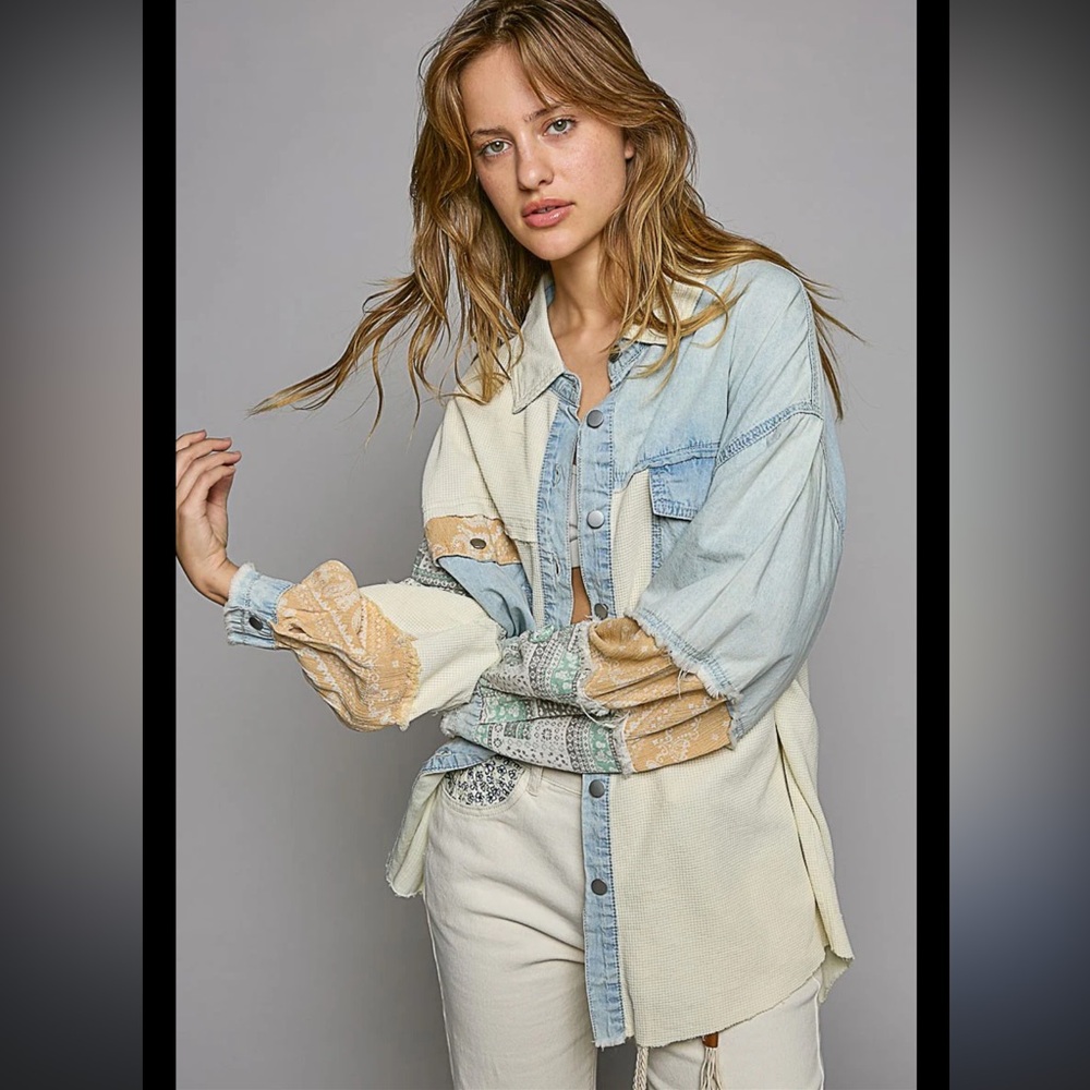 POL Pieces thermal oversized shirt button front patchwork paisley chambray boho